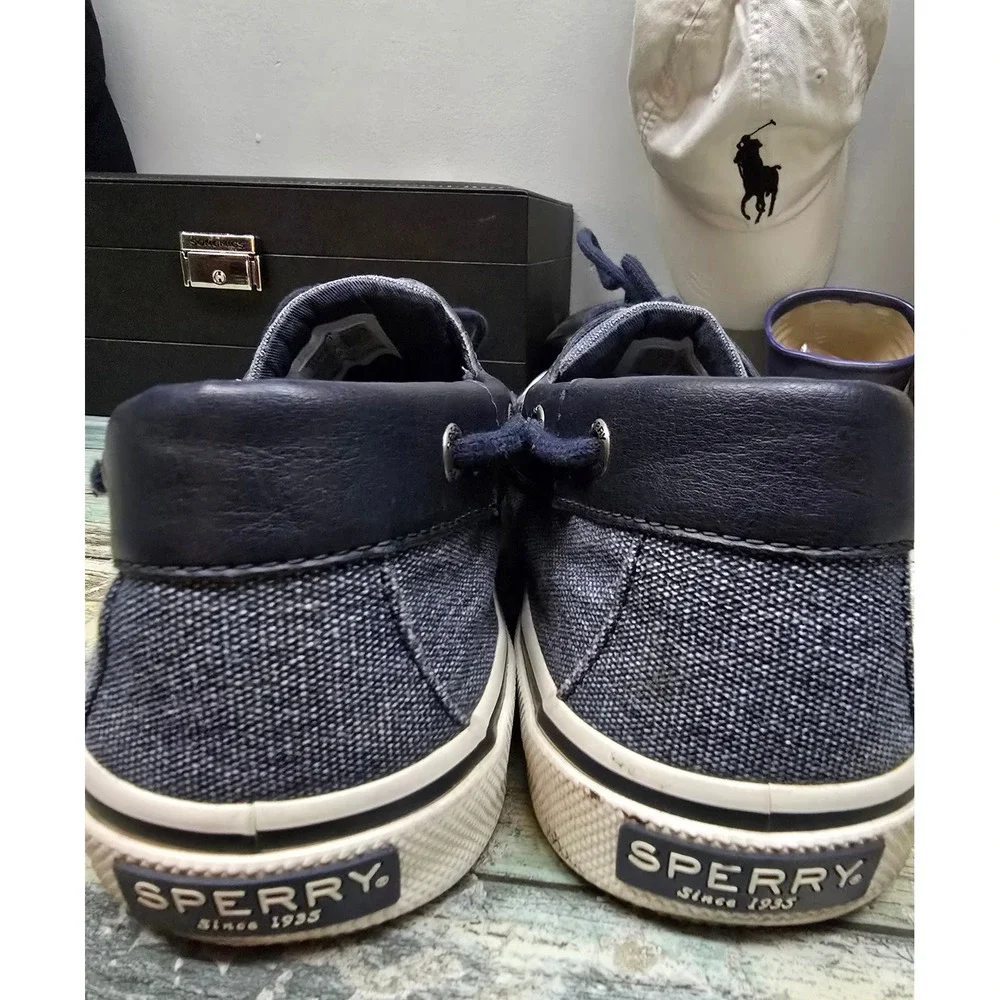 Sperry Top-Sider Mens Denim Textile Leather Boat Shoes Navy Blue Loafers 9.5
